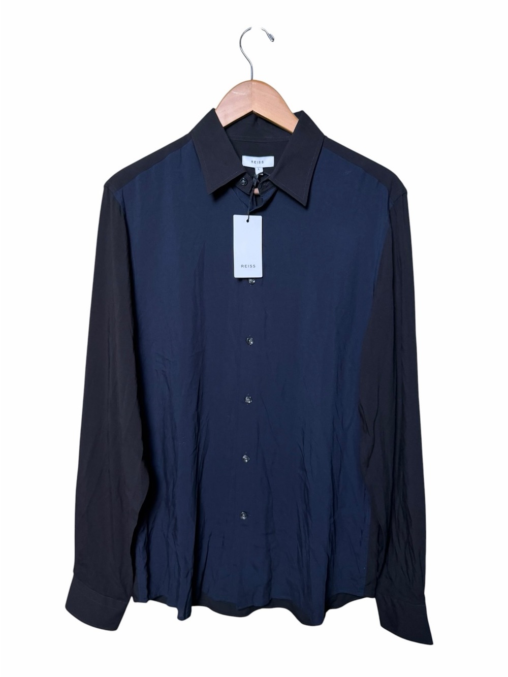Reiss Men’s Colorblock Button Down Shirt Large Navy Black NWT Minimalist